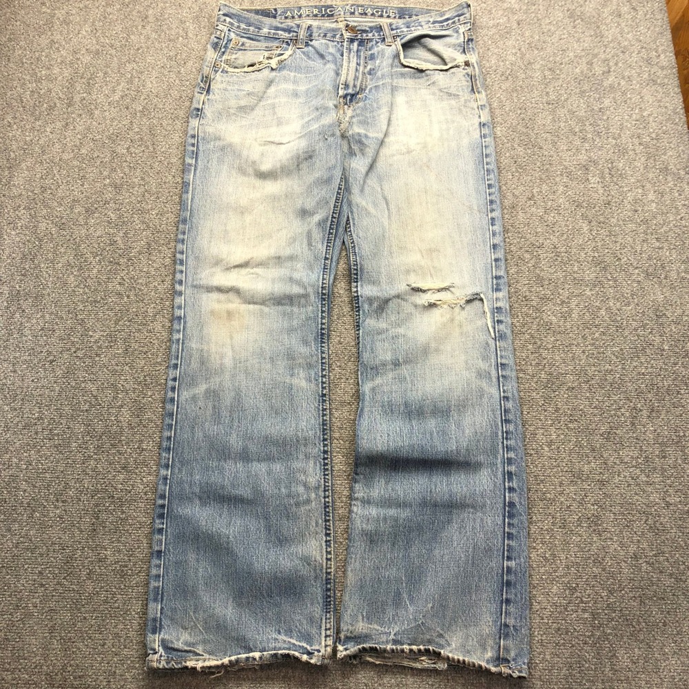 American Eagle Mens Low Rise Boot Jeans Light Wash Distressed Blue 34x34